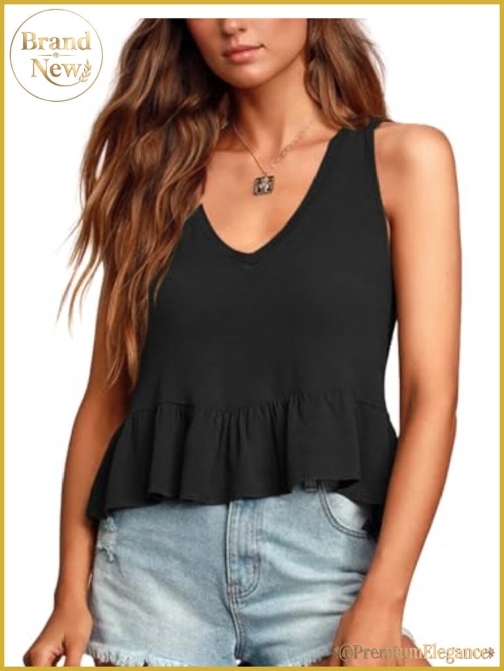 V Neck Sleeveless Ruffle Hem Peplum Tank Top Loose Fit Casual Summer Cami
